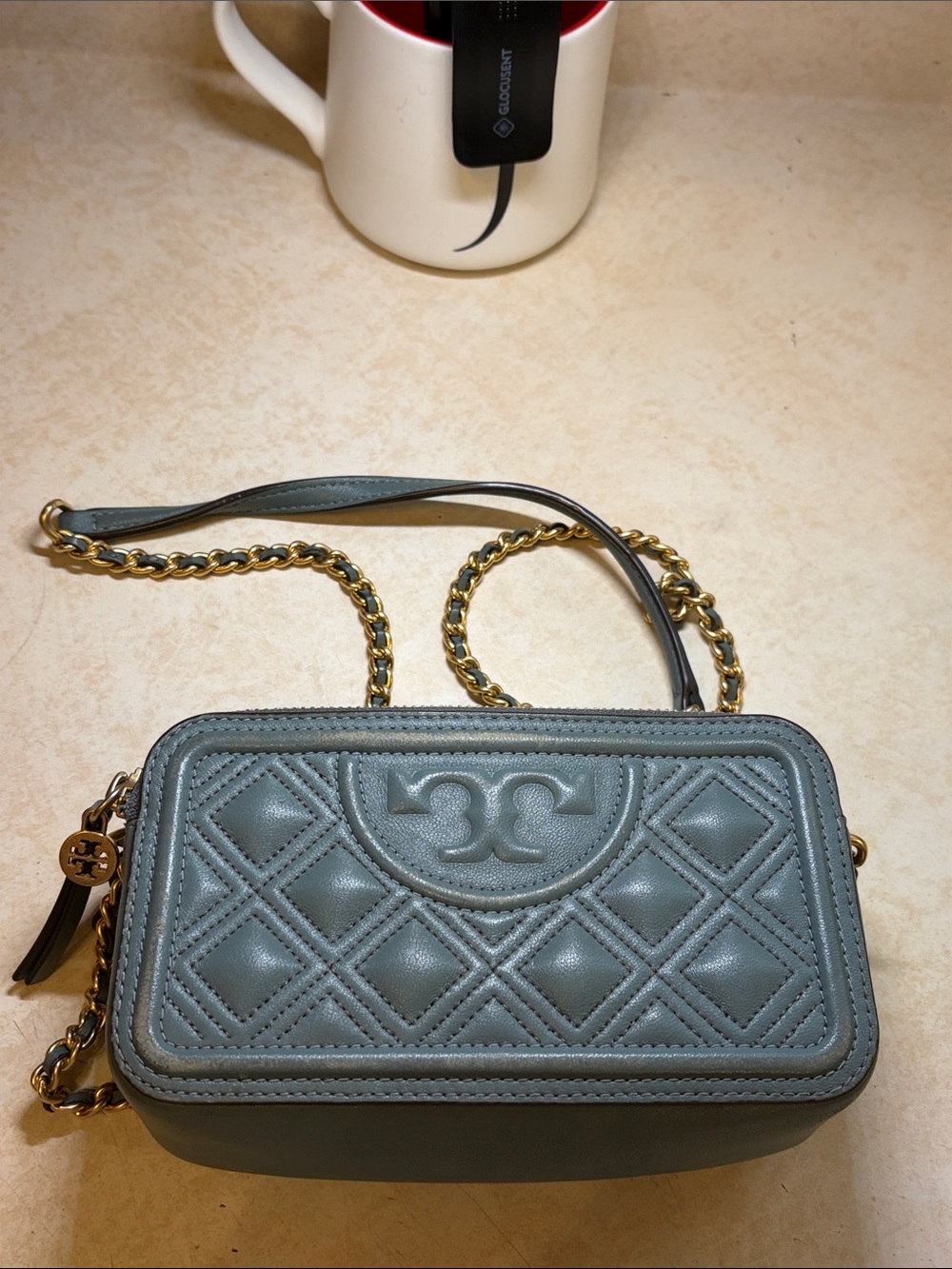 Tory Burch Quilted Leather Crossbody in Dusty Blue with Gold Chain